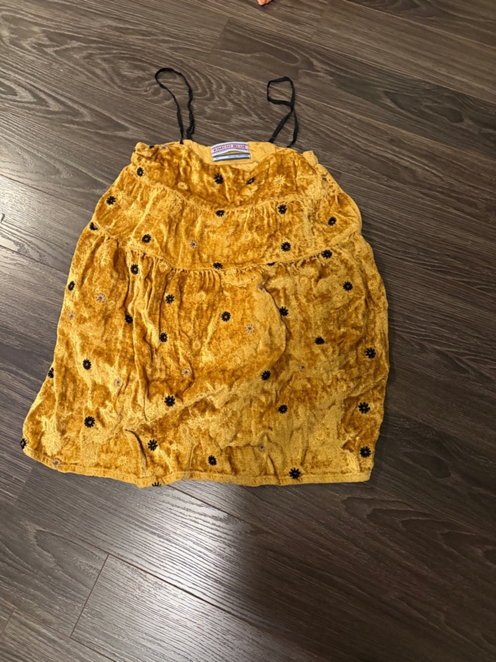 Kimchi Blue Mustard Yellow Velvet Mini Skirt with Black Floral Applique